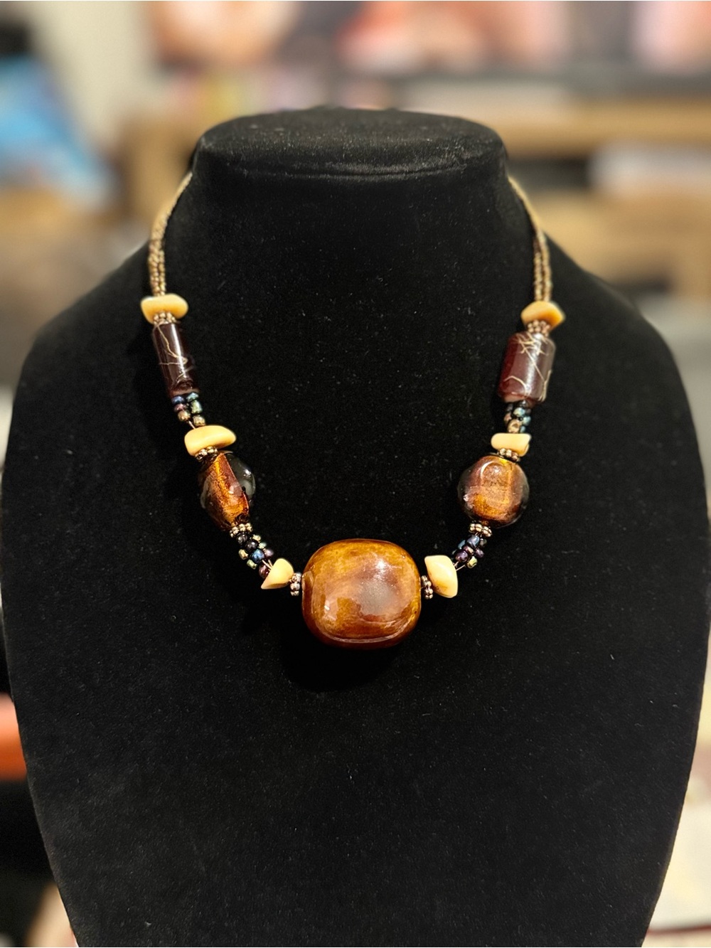 Handcrafted Brown Bead Statement Necklace - Elegant Amber-Tone Design